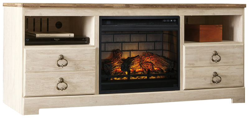 Willowton - 2 Pc. - 64" TV Stand With Faux Firebrick Fireplace Insert - Whitewash