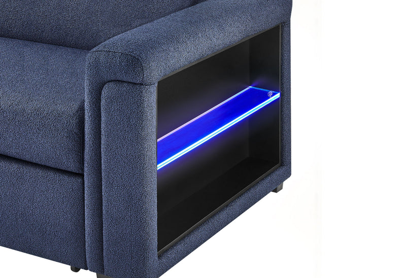 U0211 - Pull Out Sofa Bed With Wooden Bookcase Arm With LED Acrylic Shelves And Speakers - Navy