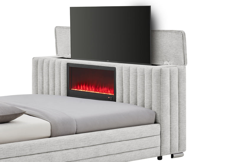 Elias - Queen Bed With Immersive Sound Speaker, LED, TV Lift, And Fireplace - Gray