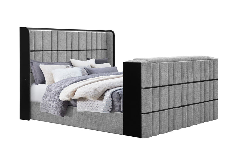 Isabella - King Upholstered Bed With LED, TV Lift, Bluetooth Speaker And Firpeplace Crystal - Gray
