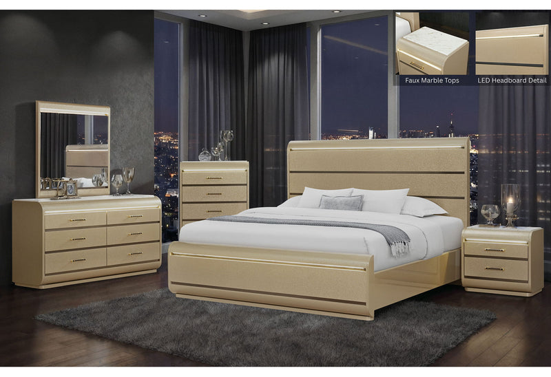 Genesis - 5 Piece Full Bedroom Set (Bed, Dresser & Mirror, Nightstand, Chest) - Gold