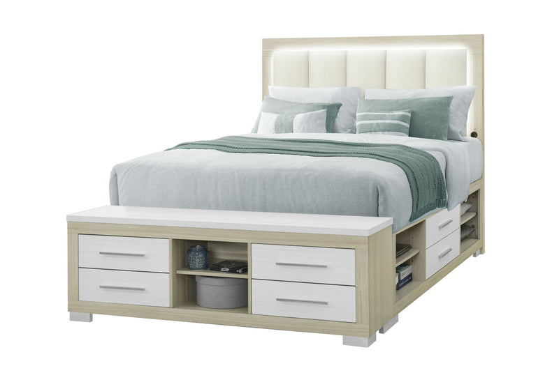 Emma - Queen Bed With LED And USB - Natural / White