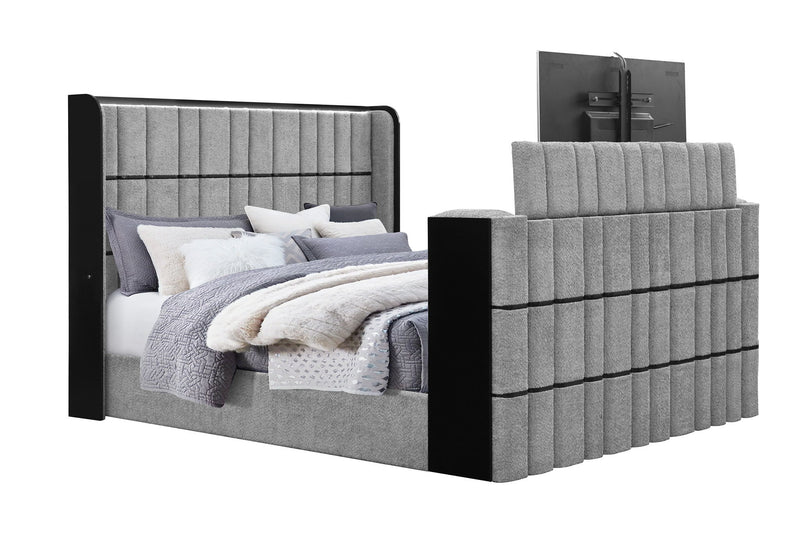 Isabella - King Upholstered Bed With LED, TV Lift, Bluetooth Speaker And Firpeplace Crystal - Gray