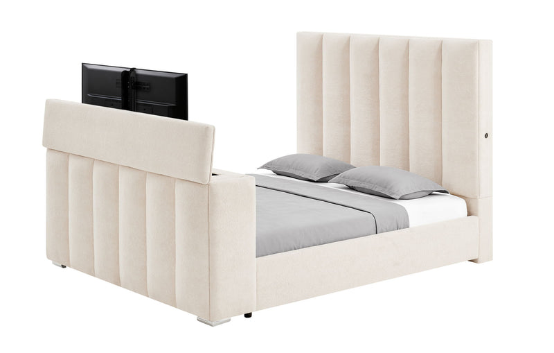 Serenity - King Bed With Speaker, TV Lift, Fireplace - Cream