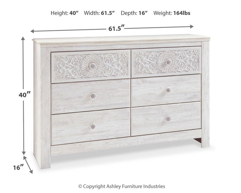 Paxberry - Six Drawer Dresser - Medallion Drawer Pulls - Whitewash