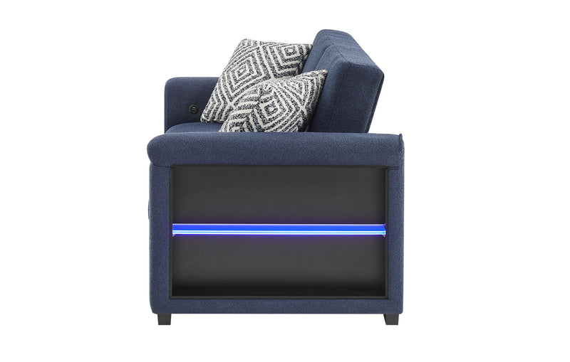 U0211 - Pull Out Sofa Bed With Wooden Bookcase Arm With LED Acrylic Shelves And Speakers - Navy