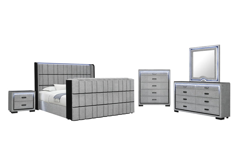 Isabella - King Upholstered Bed With LED, TV Lift, Bluetooth Speaker And Firpeplace Crystal - Gray