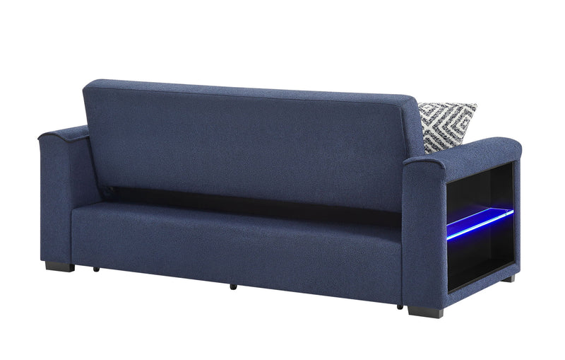 U0211 - Pull Out Sofa Bed With Wooden Bookcase Arm With LED Acrylic Shelves And Speakers - Navy