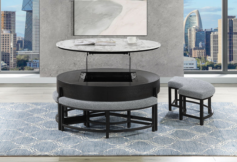 T42 - 4 Piece Living Room Set (Coffee Table With 3 Stools) - Black / Dark Gray
