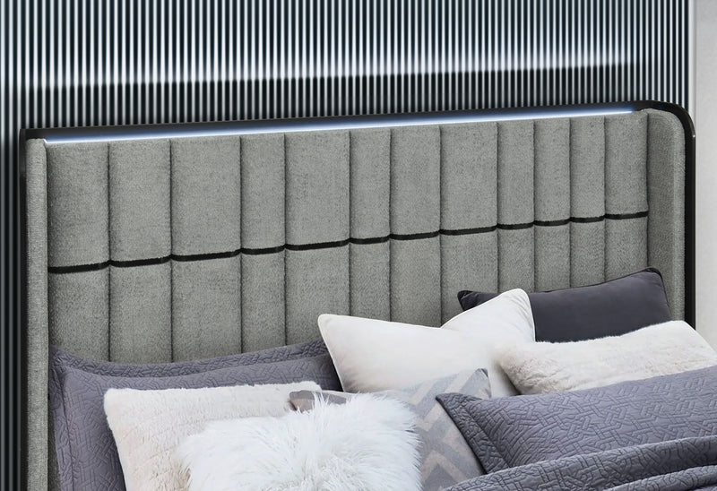 Isabella - King Upholstered Bed With LED, TV Lift, Bluetooth Speaker And Firpeplace Crystal - Gray