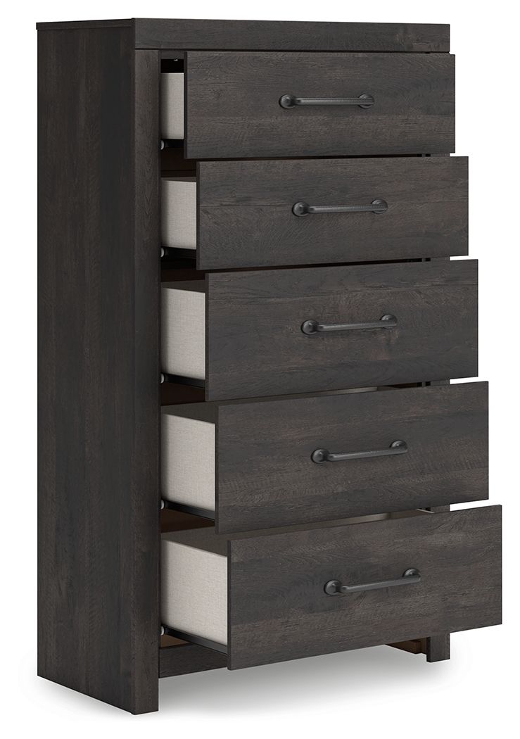 Hollivern - 4 Pc. - Twin Panel Storage Bed, Dresser, Mirror And Chest - Dark Gray