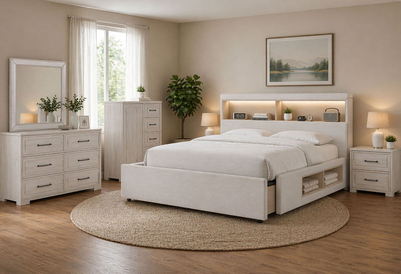 Sadie / Clara - 5 Piece King Bedroom Set (Bed, Dresser & Mirror, Nightstand, Chest) - Beige