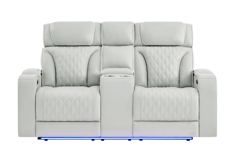 U8611 - 2 Piece Living Room Set (Power Reclining Sofa With Power Headrest And LED / Power Console Reclining Loveseat With Power Headrest, LED And Speaker) - Silver