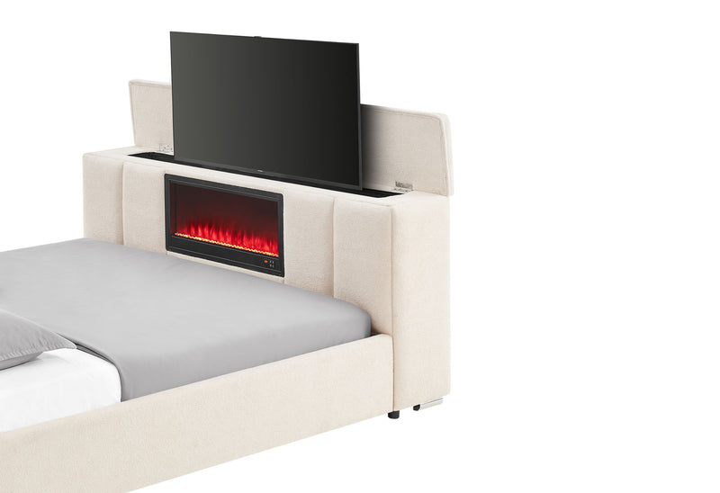 Serenity - Queen Bed With Speaker, TV Lift, Fireplace - Cream