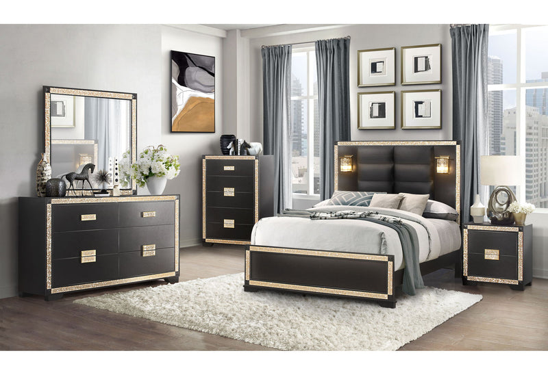 Blake - 4 Piece Full Bedroom Set (Bed With Lamps, Dresser, Mirror, Nightstand) - Black / Gold