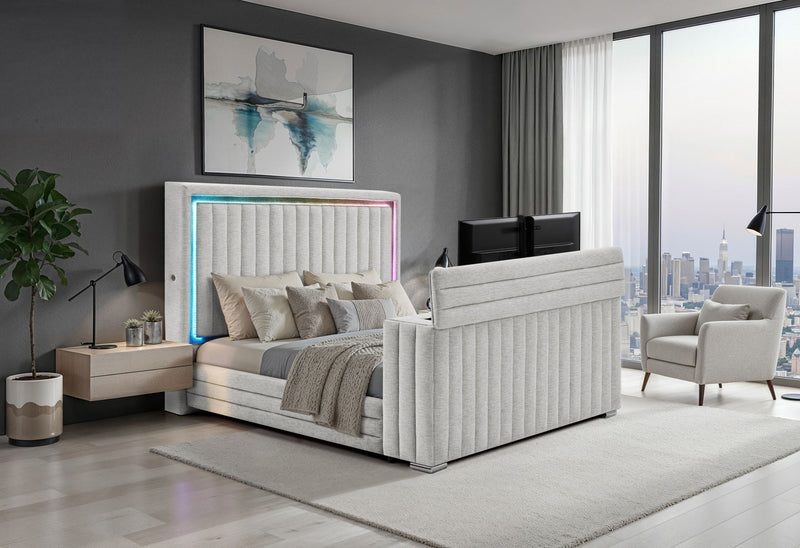 Elias - Queen Bed With Immersive Sound Speaker, LED, TV Lift, And Fireplace - Gray