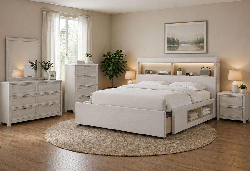 Sadie / Mariah - 5 Piece Queen Bedroom Set (Bed, Dresser & Mirror, Nightstand, Chest) - Beige
