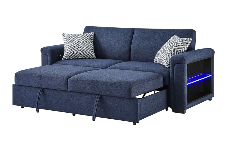 U0211 - Pull Out Sofa Bed With Wooden Bookcase Arm With LED Acrylic Shelves And Speakers - Navy
