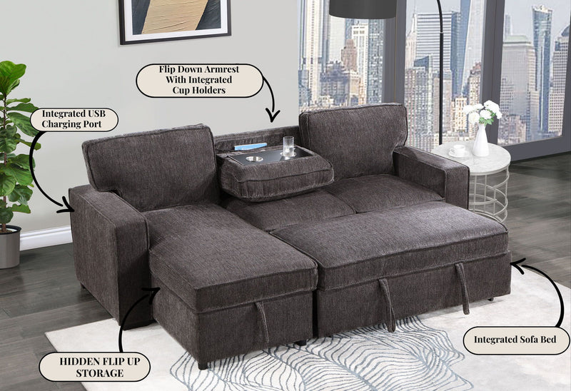 U0203 - Reversible Pull Out Fabric Sofa Bed - Dark Gray