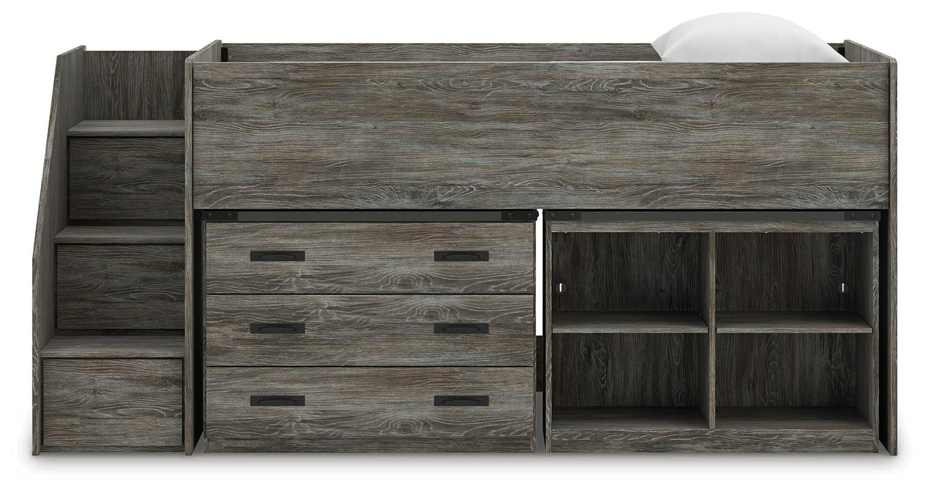 Frandern Loft Bed with Bookcase and Drawer Storage - Furniture Source (IA) 