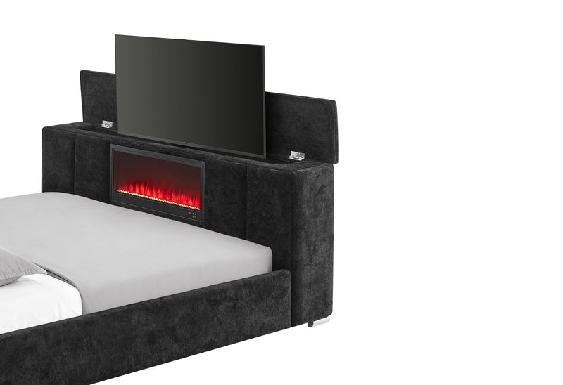 Serenity - King Bed With Speaker, TV Lift, And Fireplace - Onyx