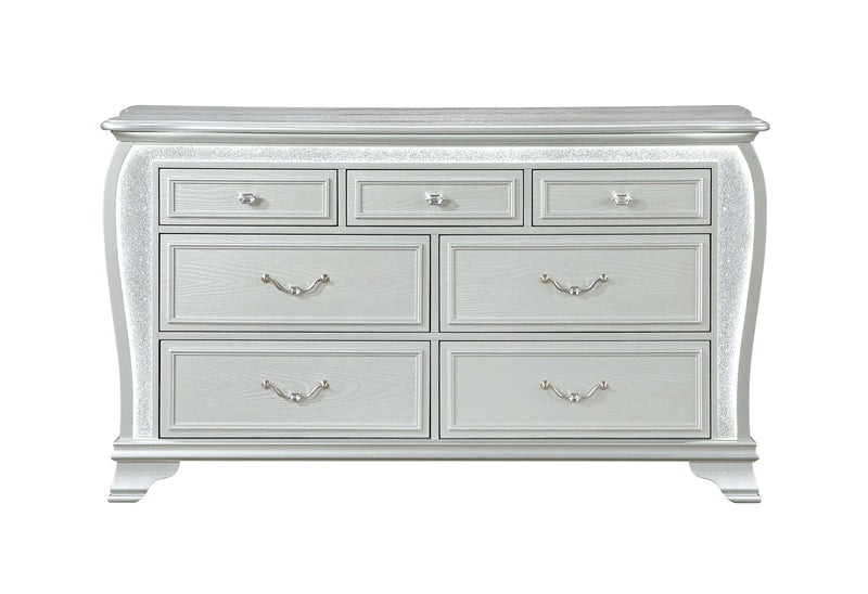 Aria - 5 Piece King Bedroom Set (Bed, Dresser & Mirror, Nightstand, Chest) - Silver