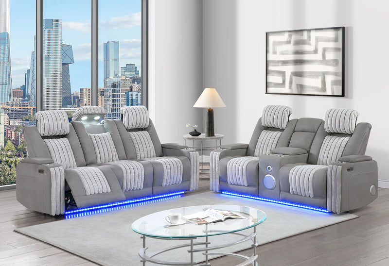 U8000 - 2 Piece Living Room Set (Power Console Reclining Loveseat With Power Headrest LED & Bluetooth Speaker, Power Reclining Sofa With Headrest DDT Table Reading Light & LED) - Gray
