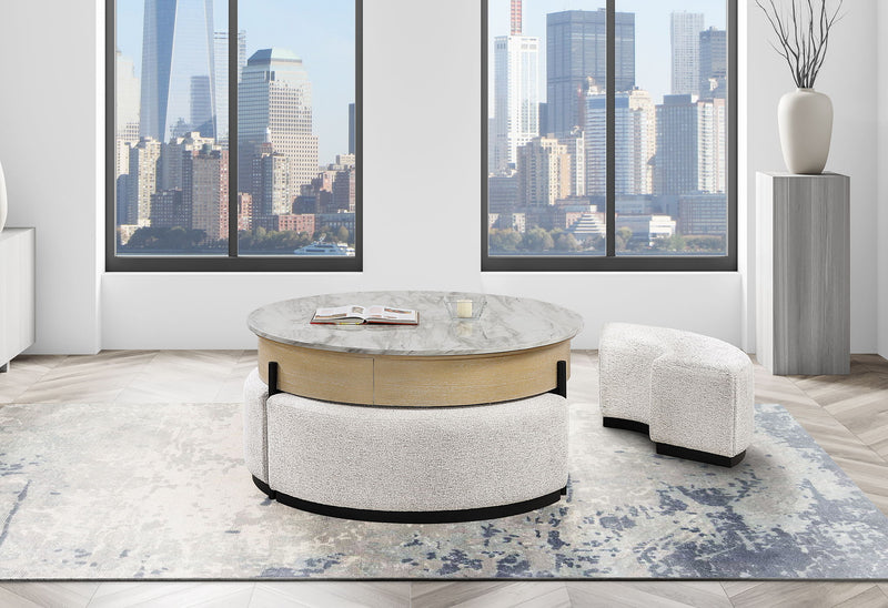 T42 - 4 Piece Living Room Set (Coffee Table With 3 Stools) - Cream / Natural