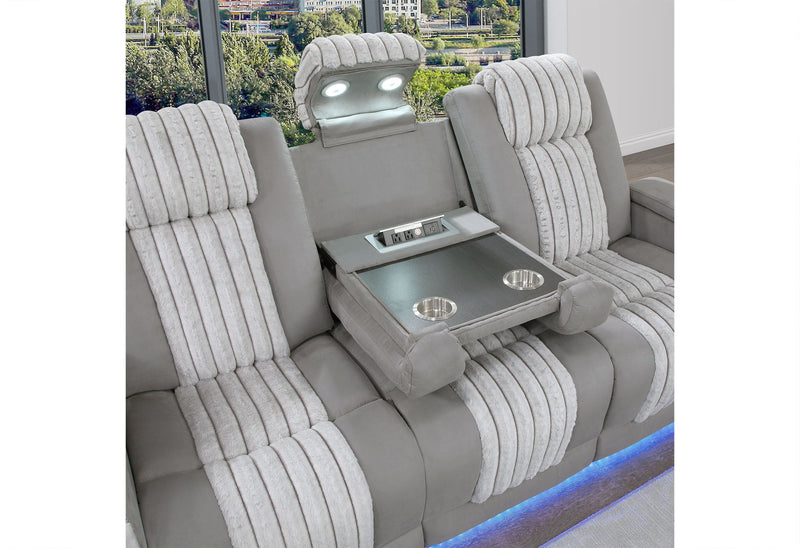 U8000 - 2 Piece Living Room Set (Power Console Reclining Loveseat With Power Headrest LED & Bluetooth Speaker, Power Reclining Sofa With Headrest DDT Table Reading Light & LED) - Gray