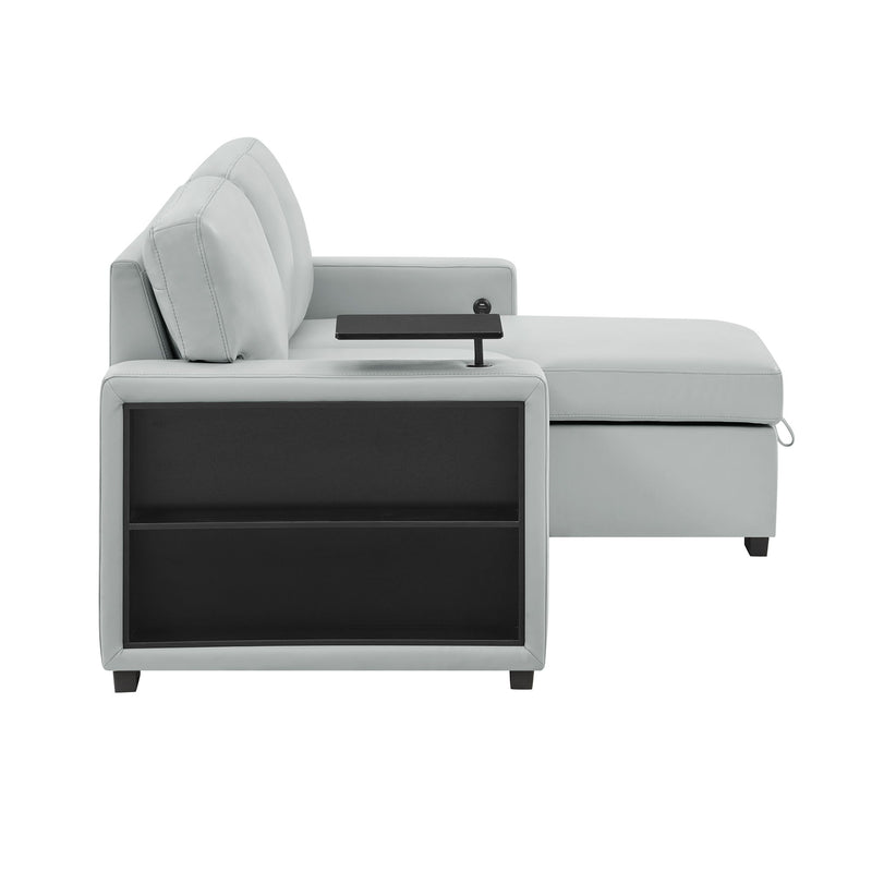U0212 - Pull Out Sofa Bed With 1 Table Tray, 1 USB, And Storage Chaise - Silver