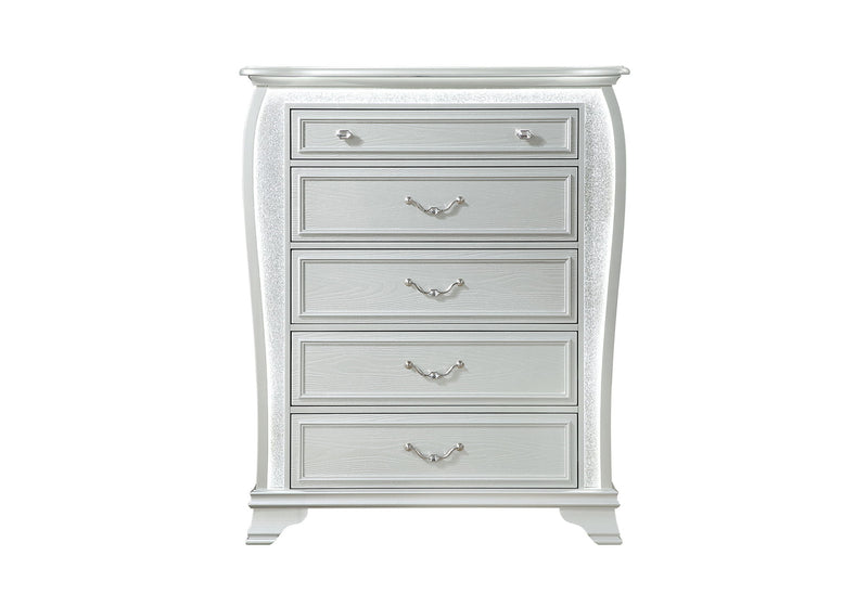 Aria - 5 Piece King Bedroom Set (Bed, Dresser & Mirror, Nightstand, Chest) - Silver