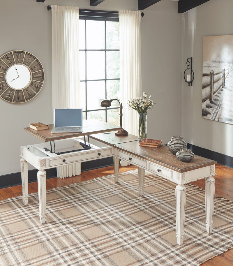 Realyn - L Shaped Desk With Lift Top - White / Brown