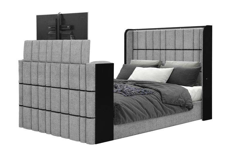 Isabella - 5 Piece Queen Bedroom Set (Queen Bed With LED, TV Lift, Bluetooth Speaker And Firpeplace Crystal) - Gray