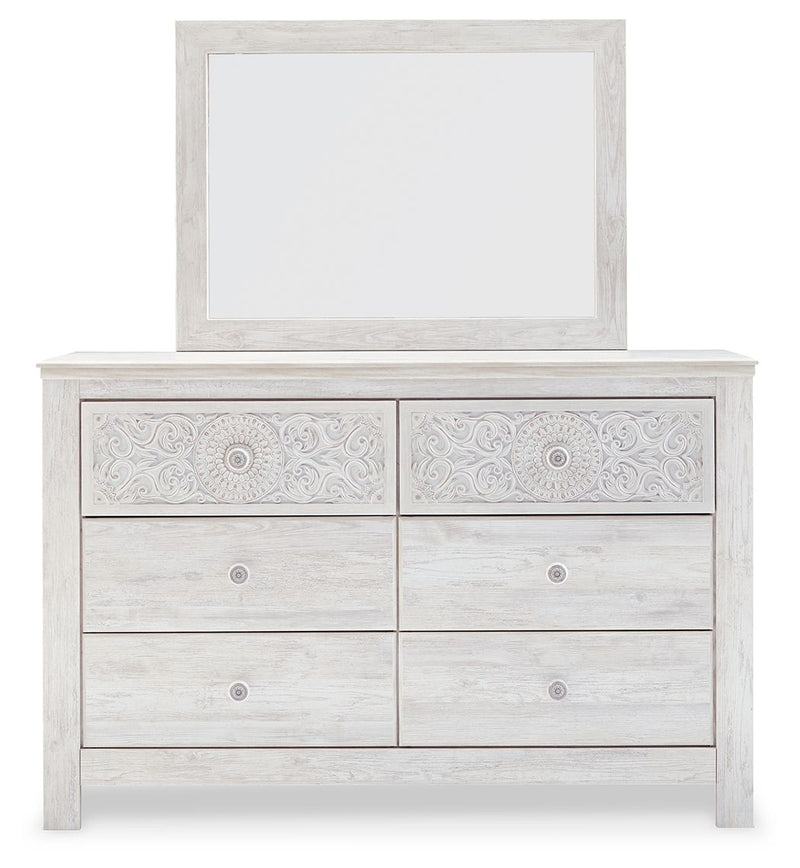 Paxberry - Dresser, Mirror - Medallion Drawer Pulls - Whitewash