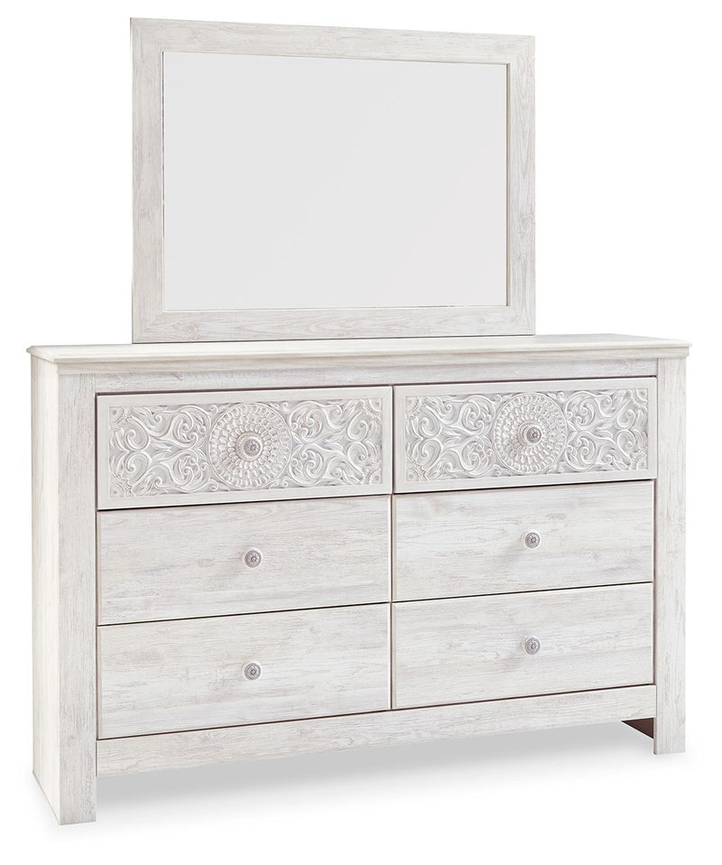 Paxberry - Dresser, Mirror - Medallion Drawer Pulls - Whitewash