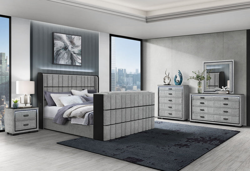Isabella - King Upholstered Bed With LED, TV Lift, Bluetooth Speaker And Firpeplace Crystal - Gray